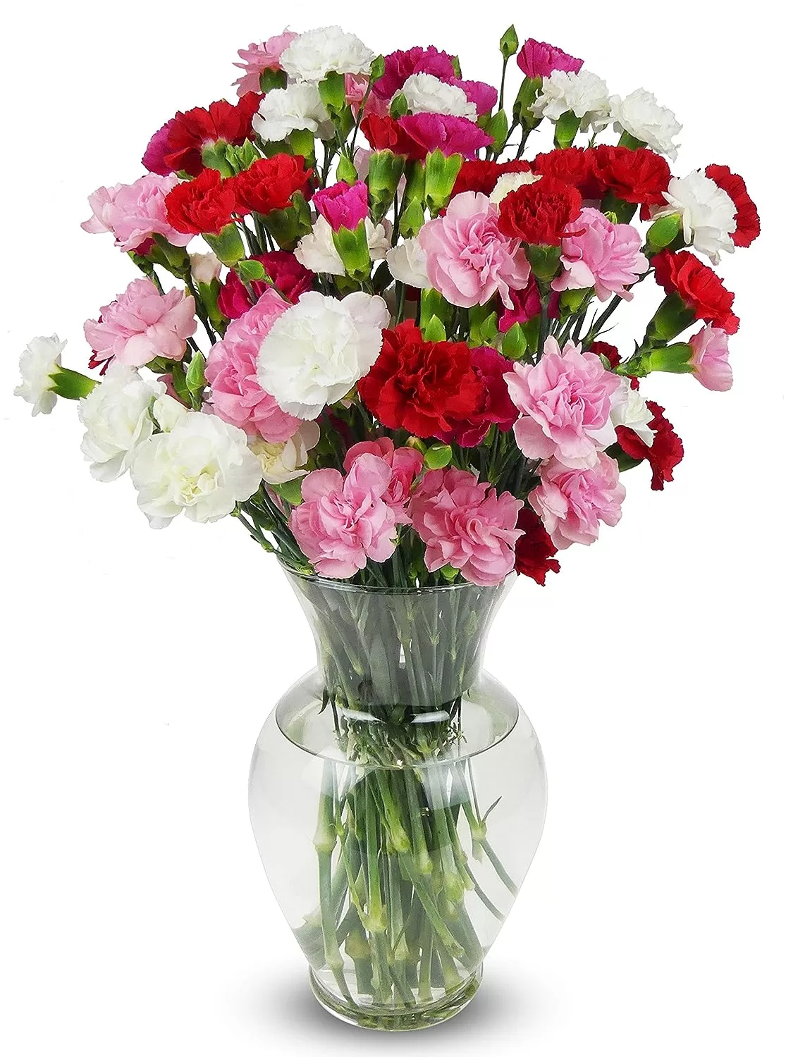 This image shows a bouquet of Flowers from Amazon. They are red, pink and white. 