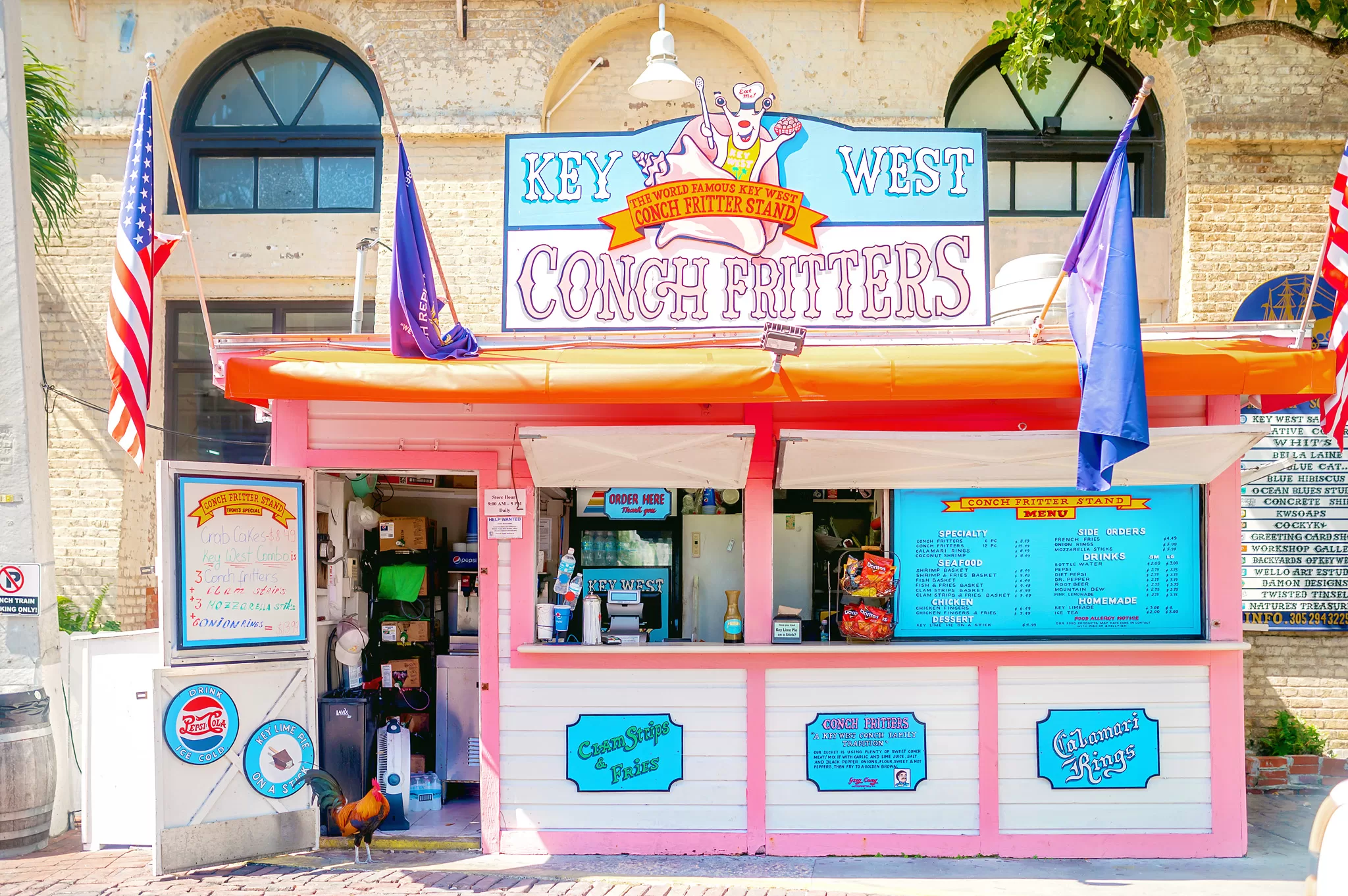 Photo of a conch Fritters stand in Key West near the first Conch Train Tour Stop