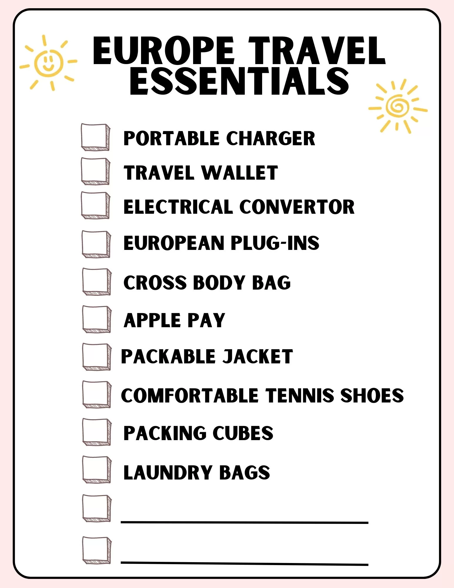 Europe Travel Essentials Checklist. This image shows a printable packing list for Europe