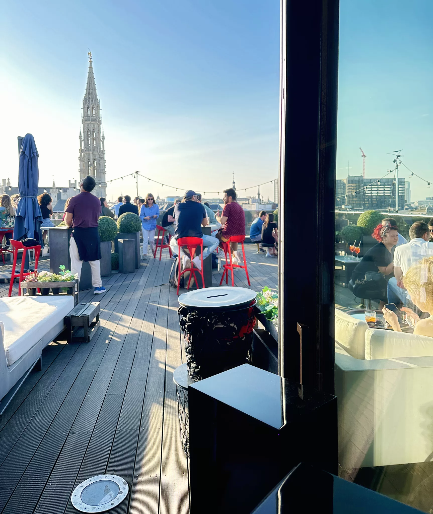 View of the terrace overlooking the city center at the Secret Rooftop Bar Brussels