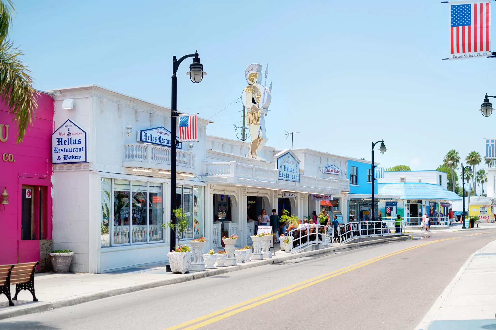 This image is for a blog post about Tarpon Springs Florida and shows Hellas Restaurant in the historic Greek district