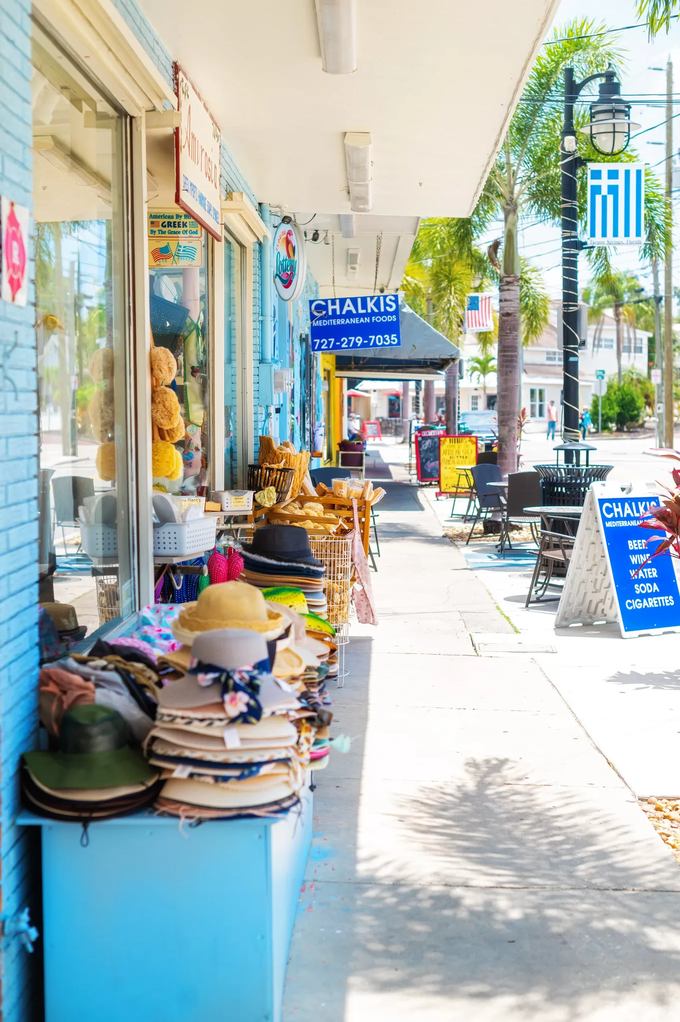 This image is for a blog post about Tarpon Springs Florida and shows some Greek shops near the Sponge Docks