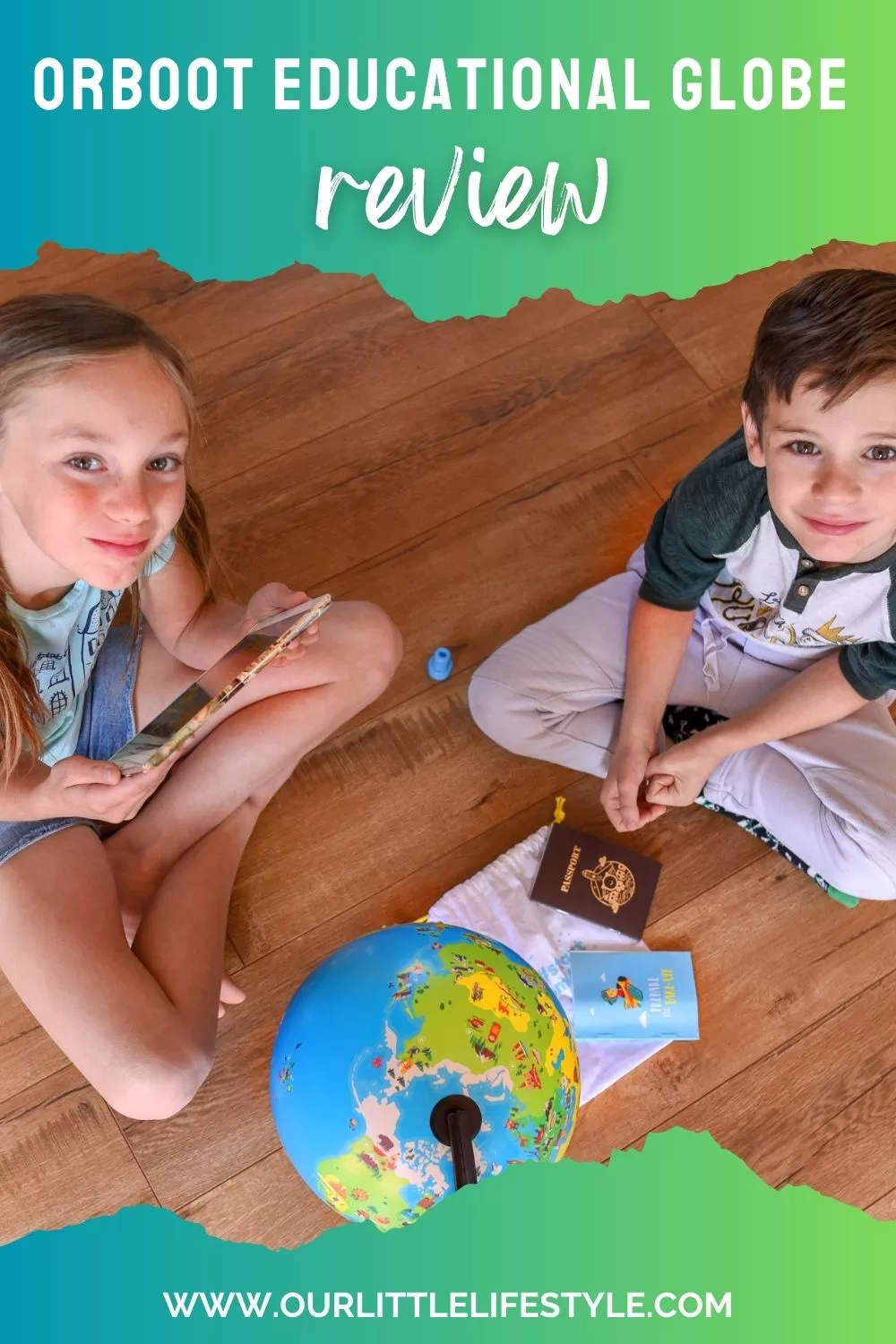 image shows a boy and girl playing with the Orboot Educational Globe and the caption reads "Orboot Educational Globe Review"