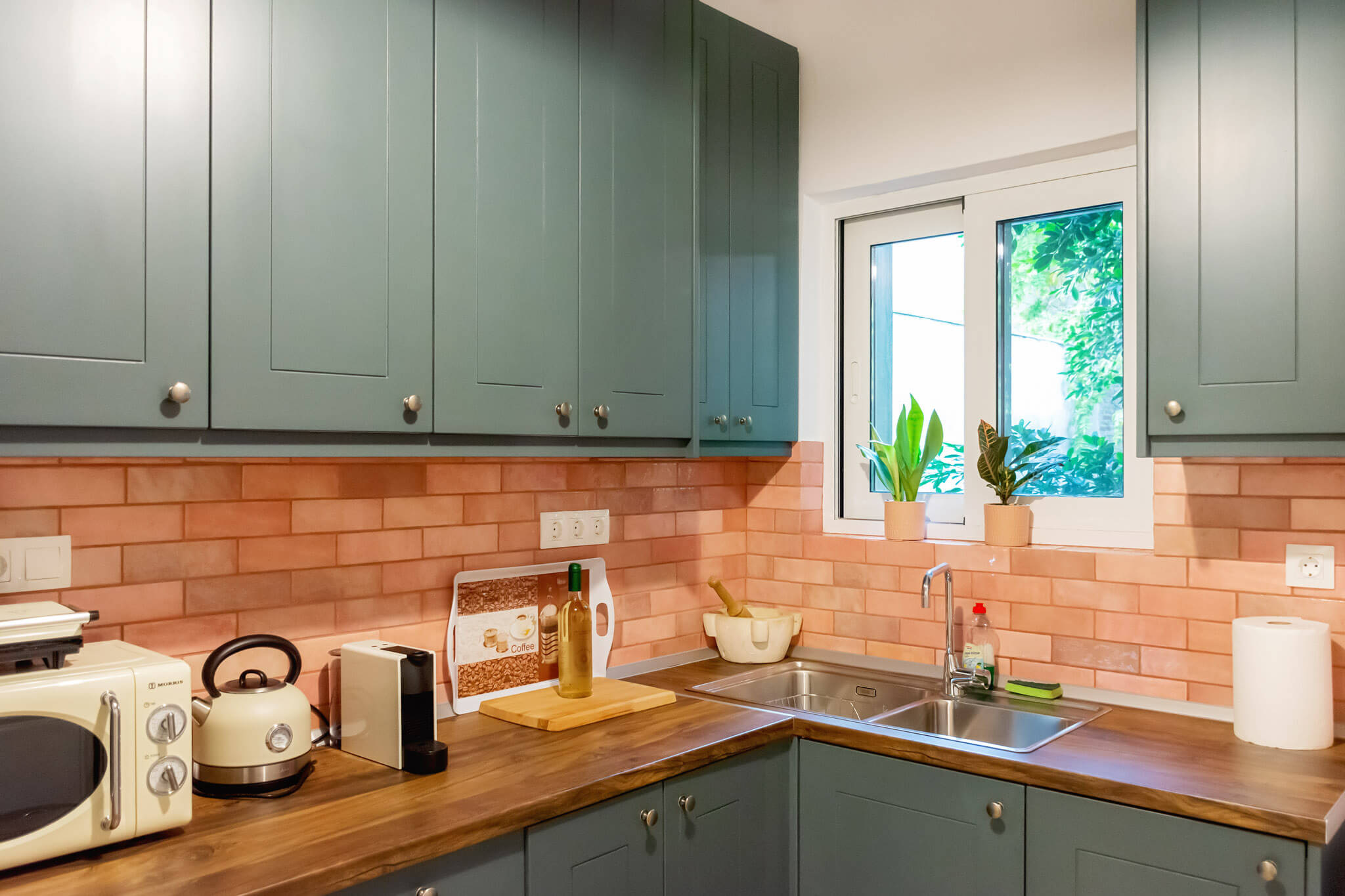Plaka Athens Rental Kitchen with Green Cabinets