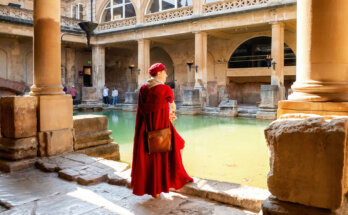 A Man dressed up in Roman garb at the ancient baths in Bath UK
