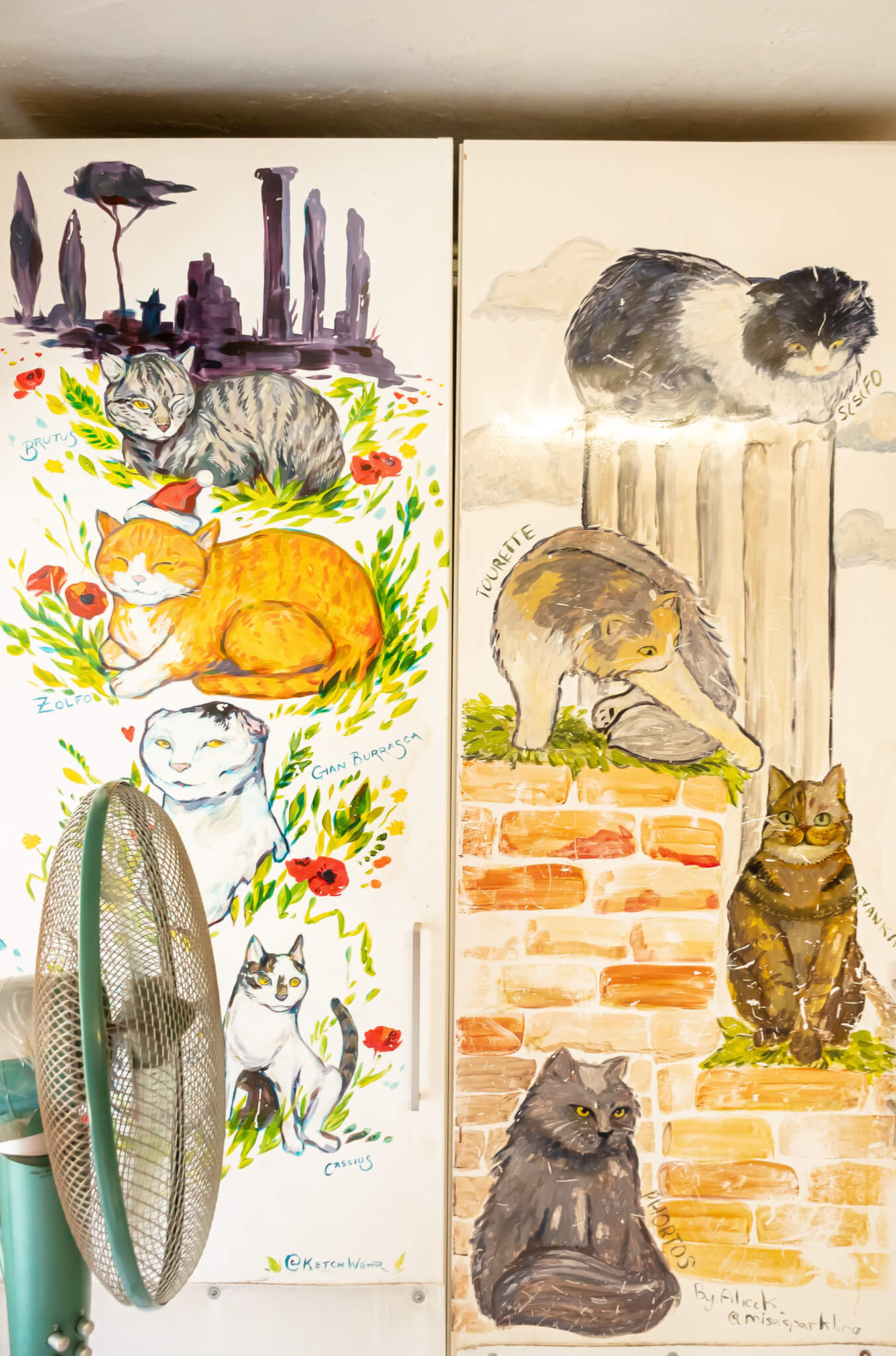 A cat mural on the wall at the Rome Cat Sanctuary