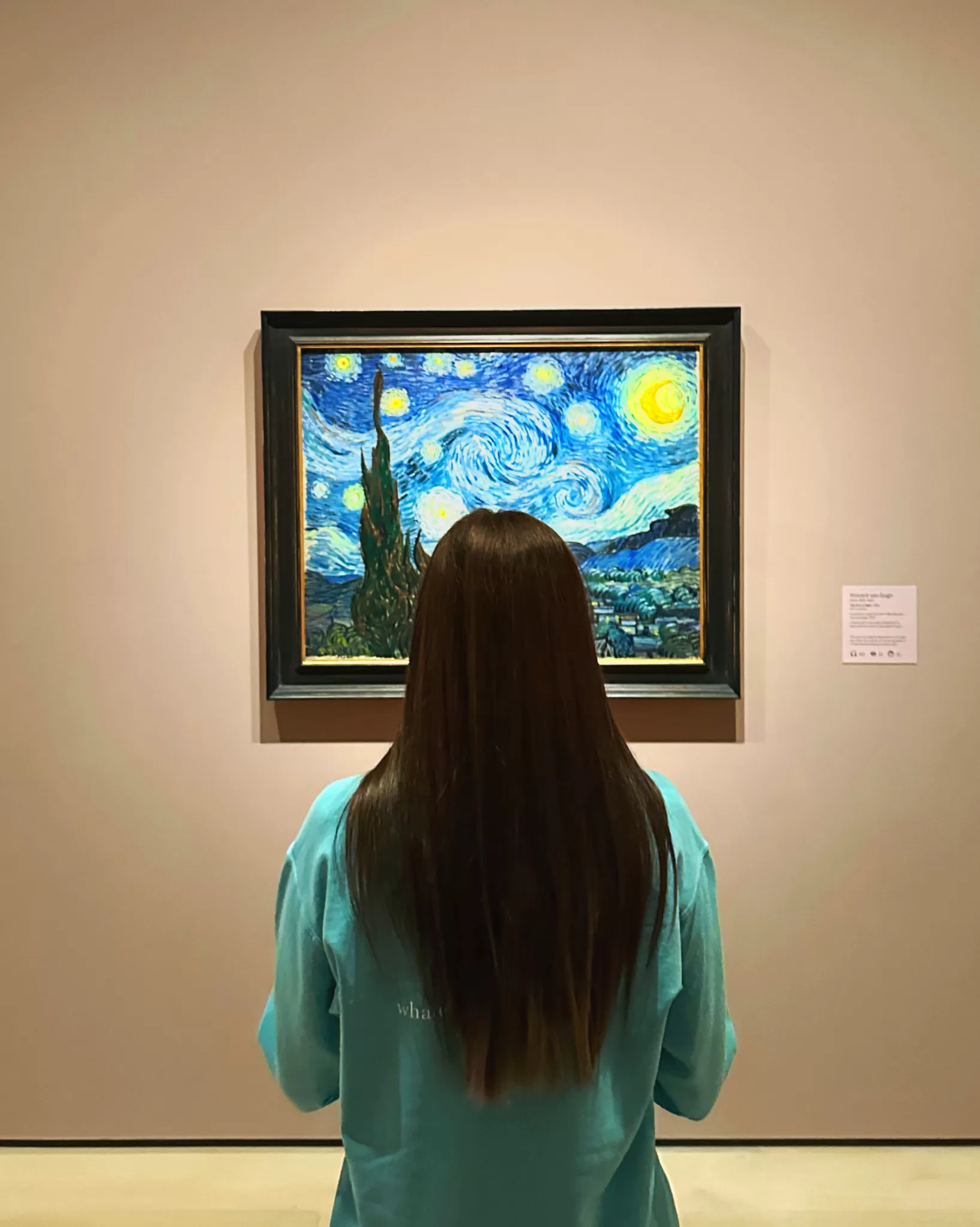 A girl looking at Starry Night at the Moma in NYC