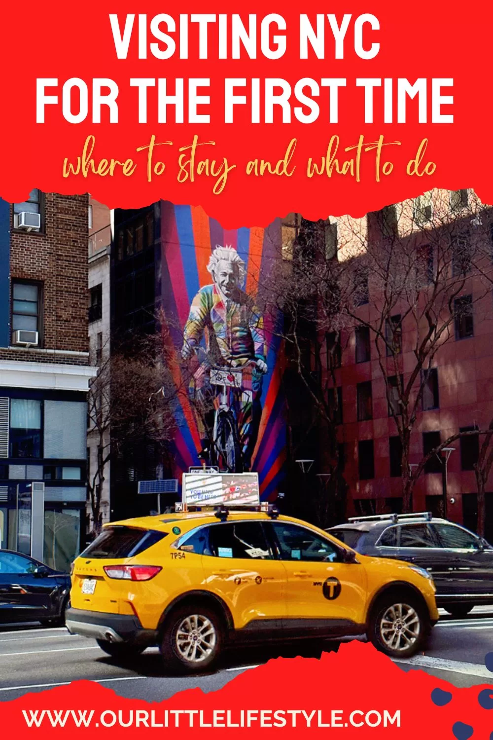 Visiting NYC for the First Time Blog Post Pinterest Pin.  Image shows a yellow taxi and a mural.