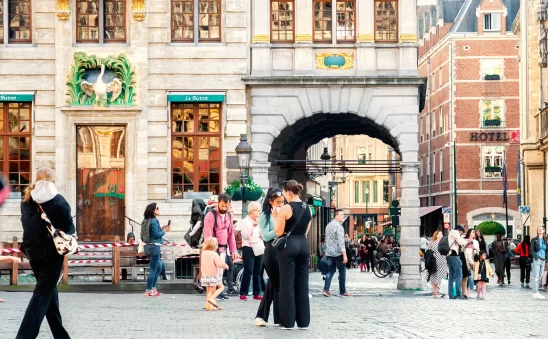 People gathered at Grand Place in the heart of Brussels, Belgium.