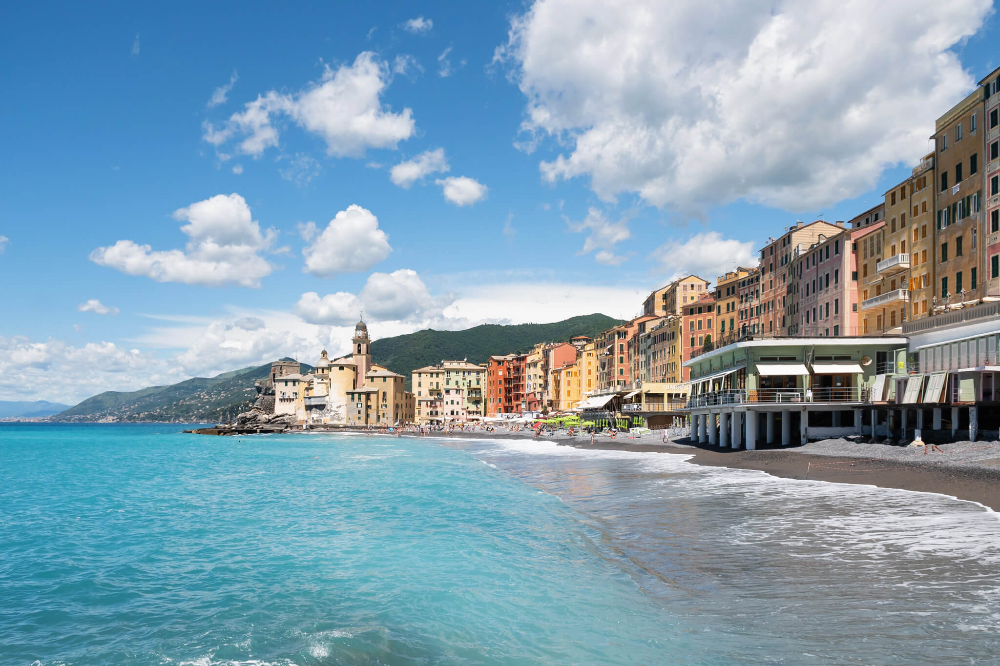 Colorful homes and church in Camogli italy