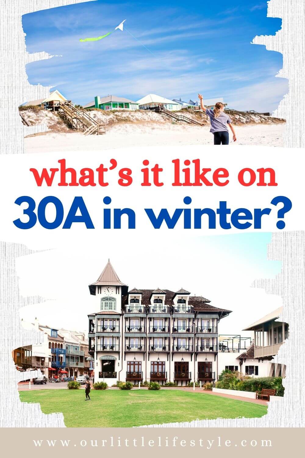 30a in winter tips with images of a girl flying a kite on 30A on Christmas and the pearl hotel in Rosemary beach