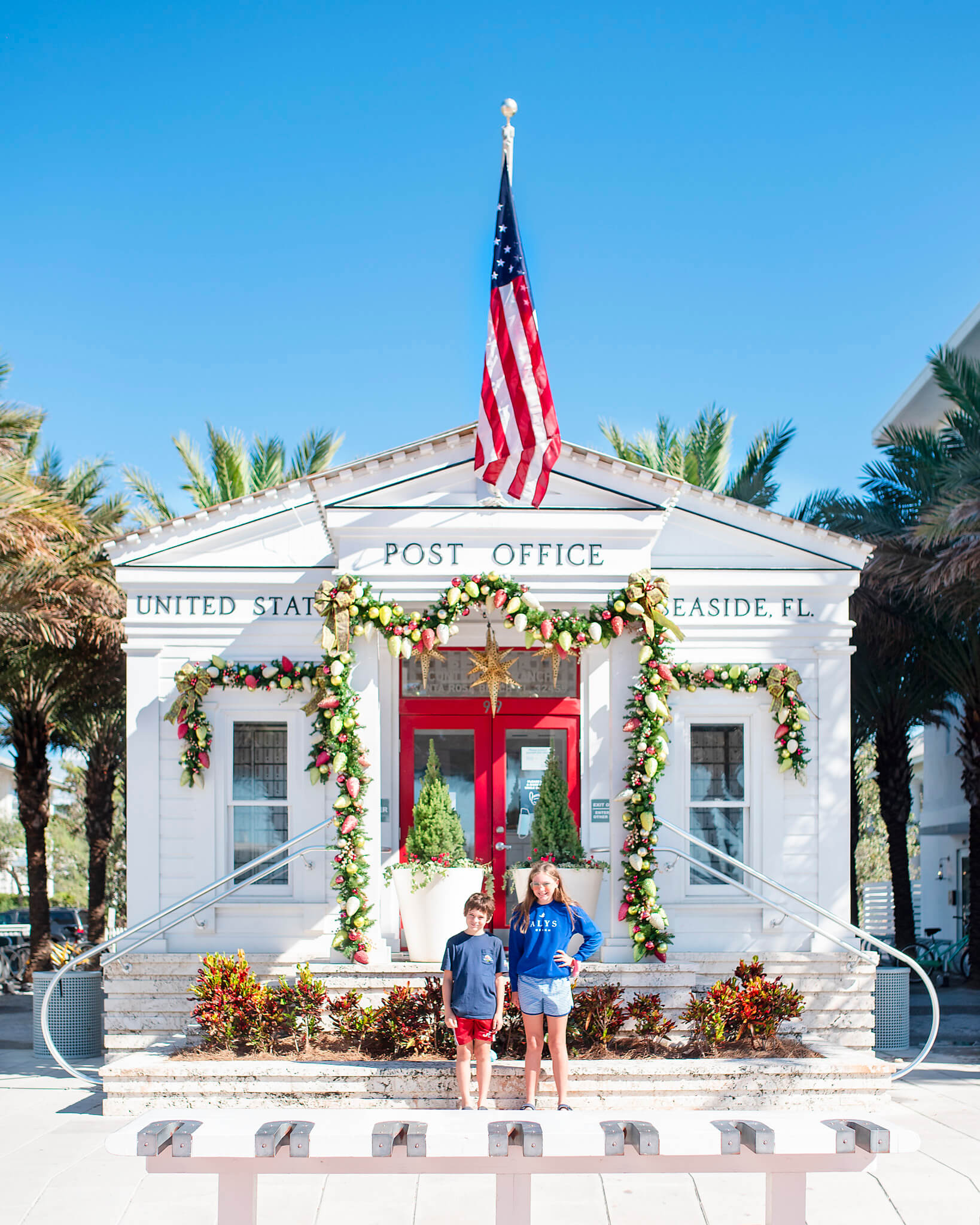 Seaside Florida in Winter with the post office decorated for holidays 