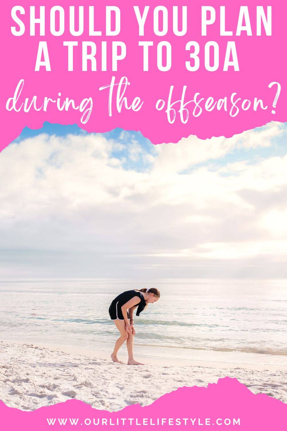 winter on 30a pros and cons with a photo showing a girl looking for shells on the 30 beaches in December