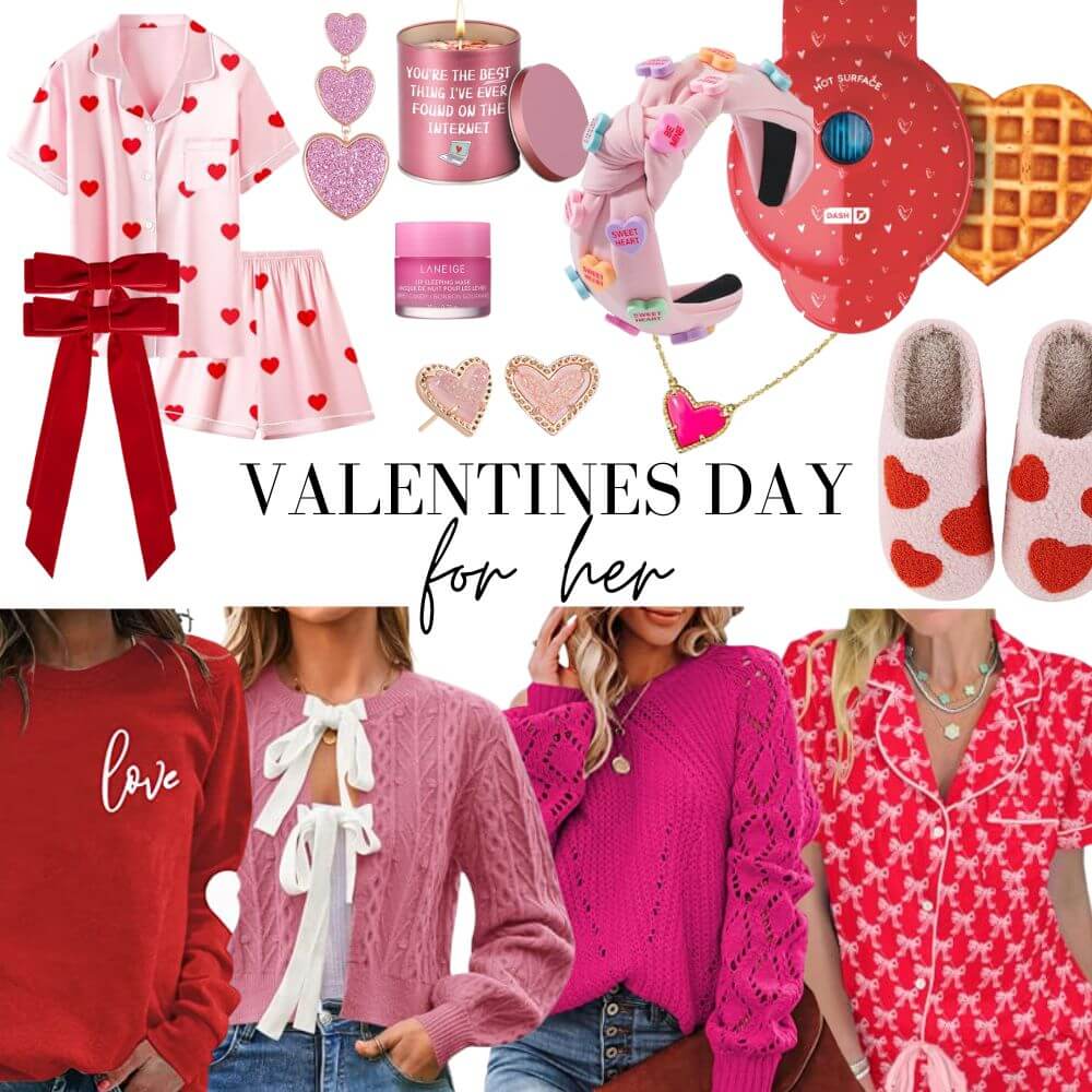 Valentines Day For Her including heart slippers, heart print pajamas, ribbons, Kendra Scott heart necklaces and earrings, conversation heart headbands and more. 