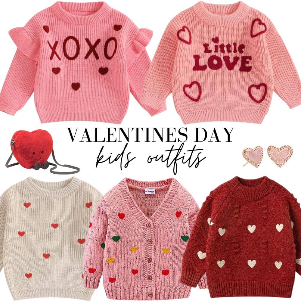 Valentines Day Kids Outfits on Amazon featuring Valentine's Day sweaters and accessories like a Jellycat heart purse