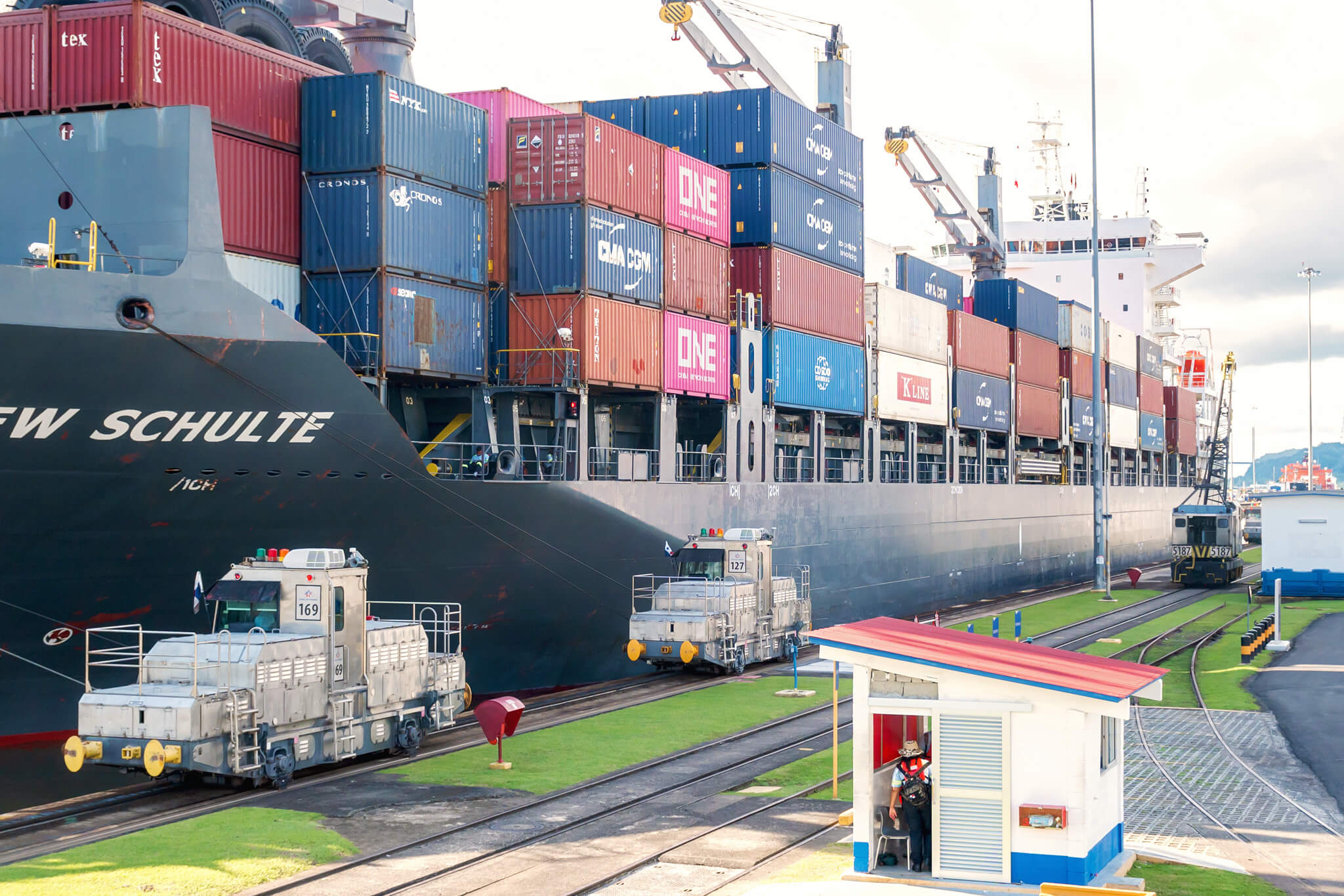 A Container ship crossing the Miraflores Locks as seen from a Panama Canal Tour