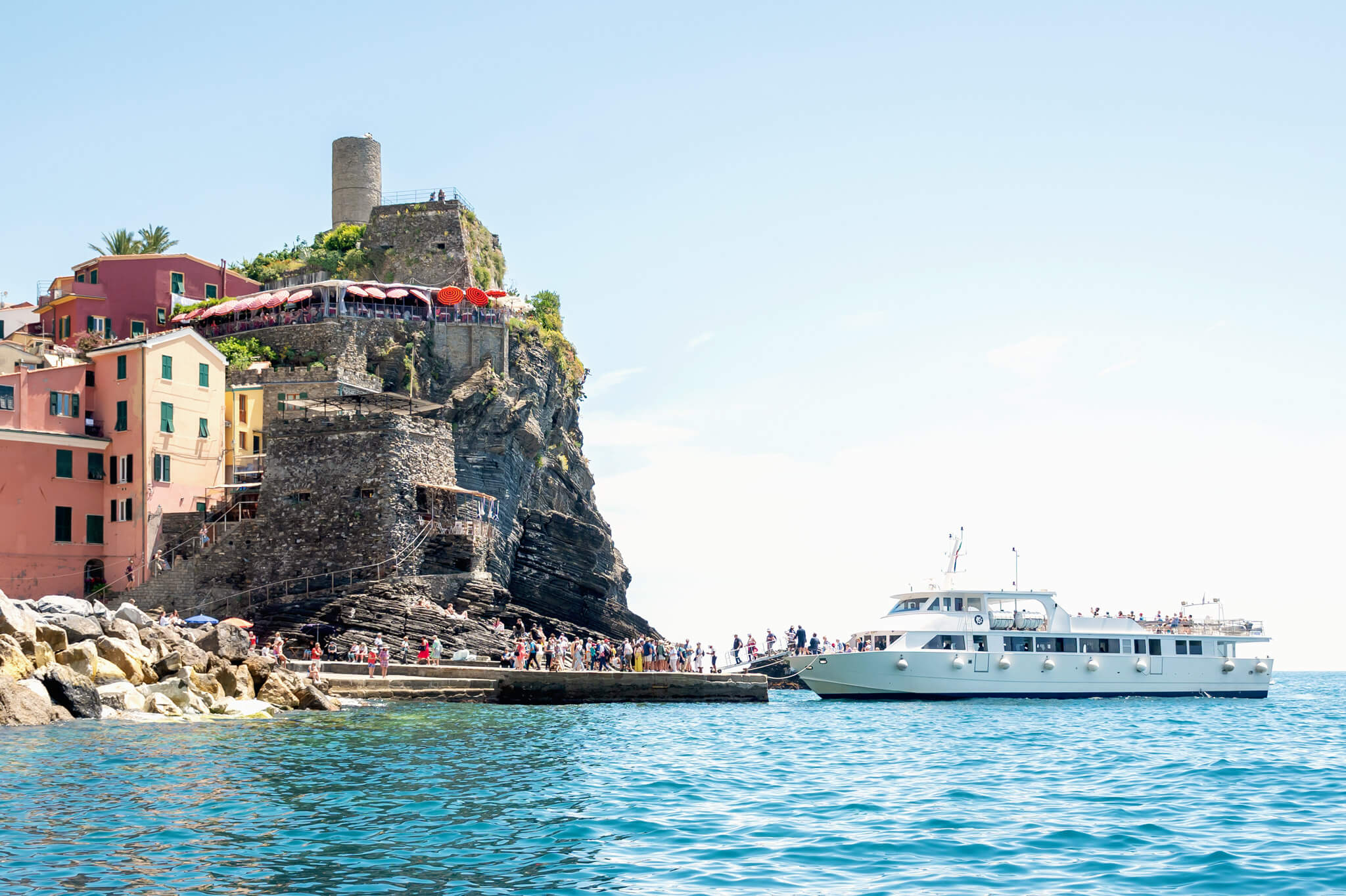 Ferry between the five towns of Vernazza Cinque Terre Italy 