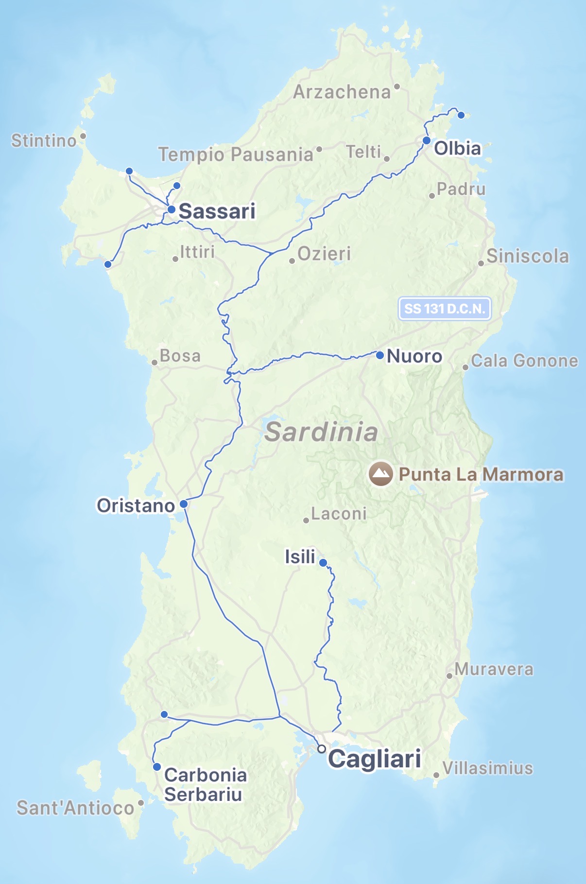 Map of Sardinia with train routes