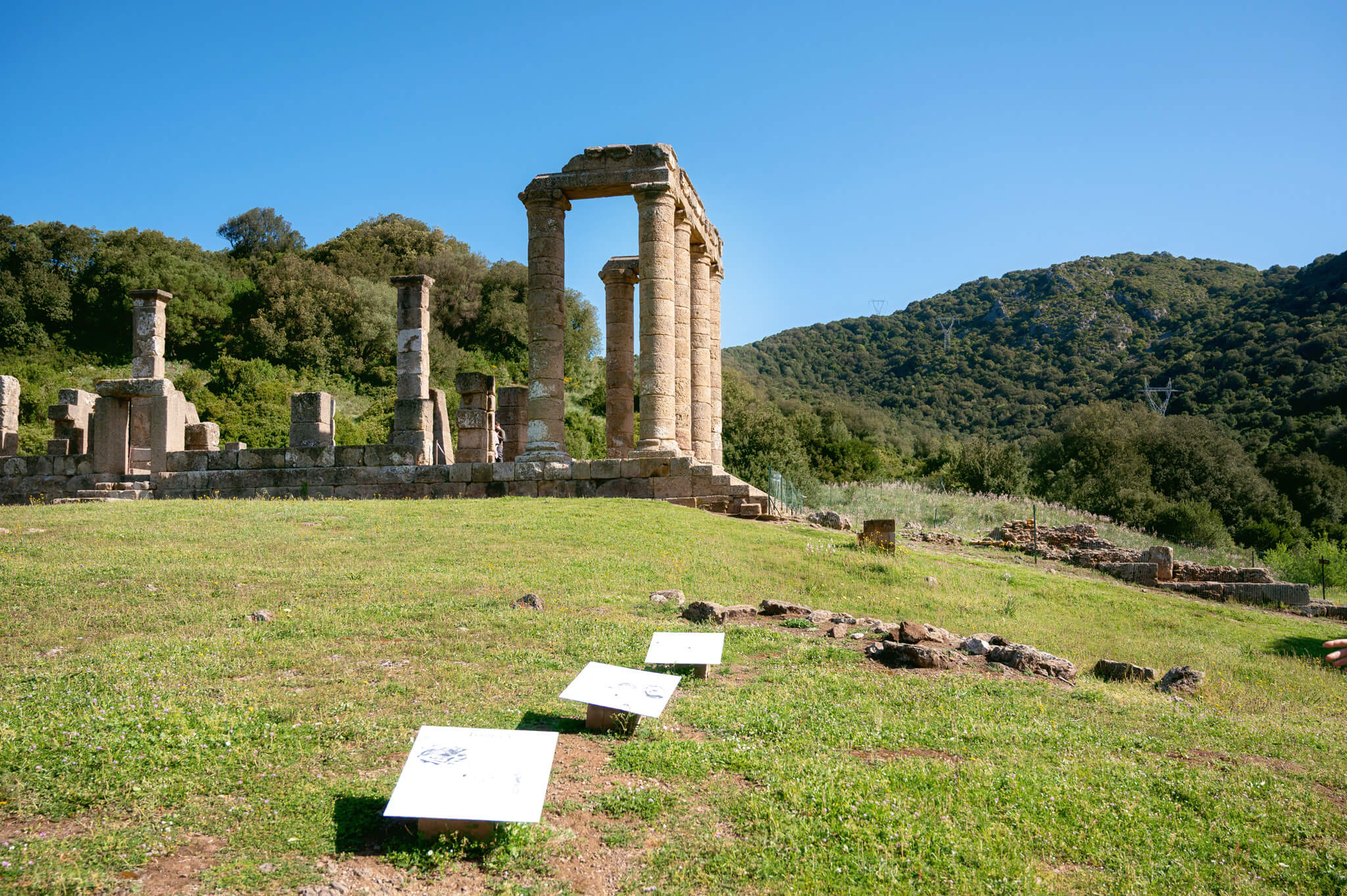 Ancient stone columns of a ruined structure in a grassy field with hills and a blue sky behind.