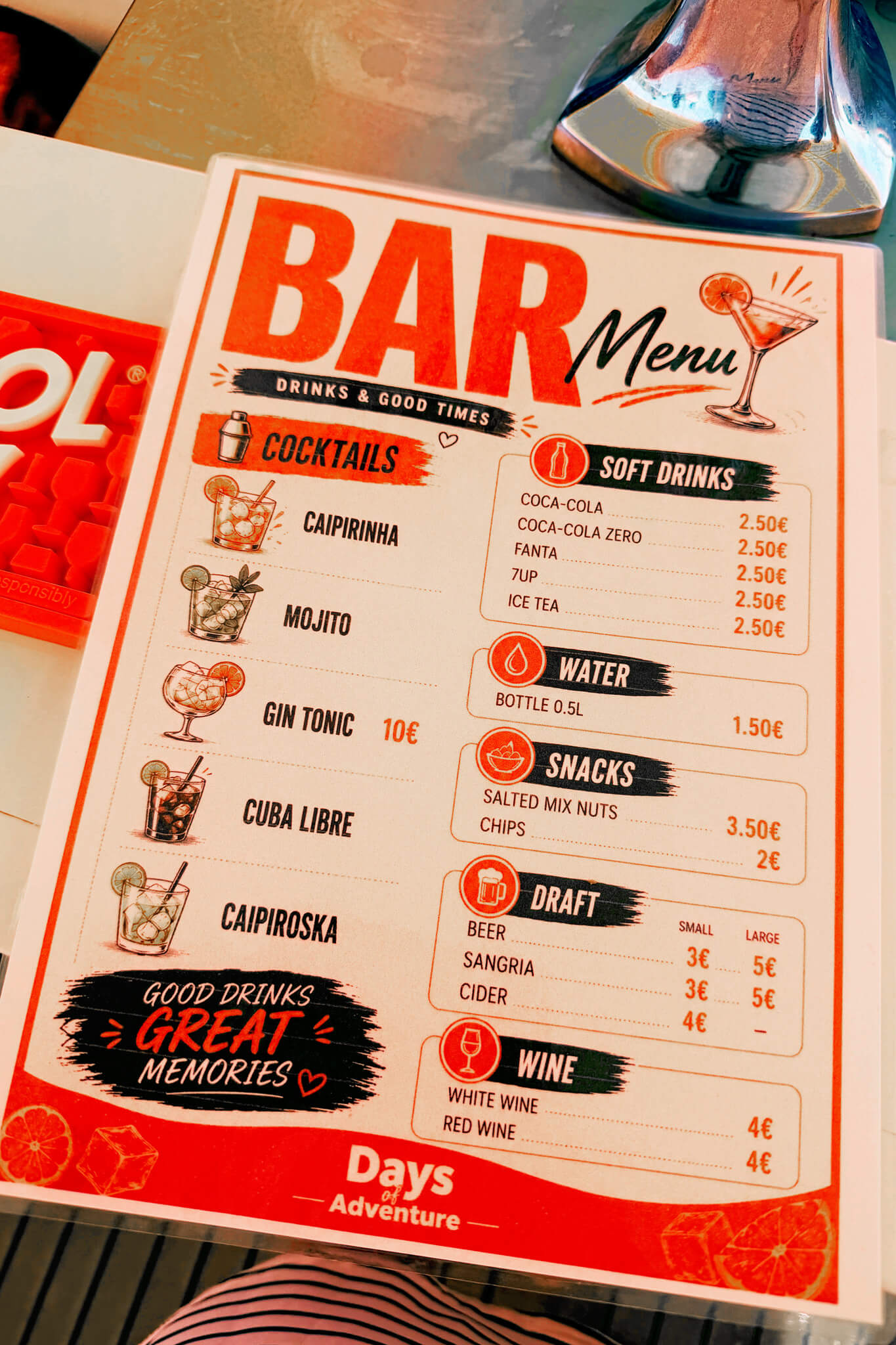 Bar Menu on our Lagos Catamaran Cruise