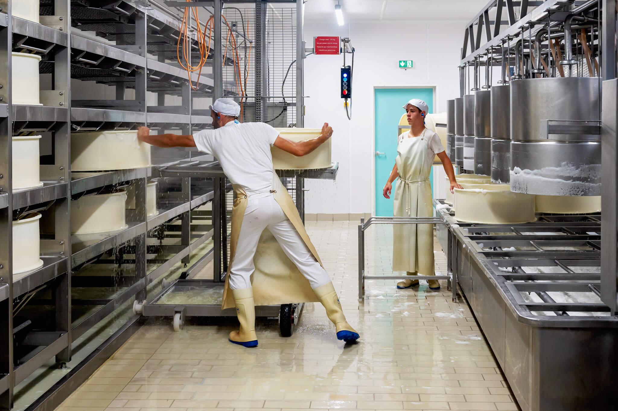 Two comte cheese dairy workers in white uniforms and aprons move a large round cheese wheel along a stainless steel conveyor in a clean industrial cheese production area.